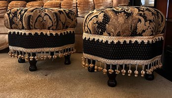 Pair Of Black/ Gold Tasseled Ottoman With Wood Legs