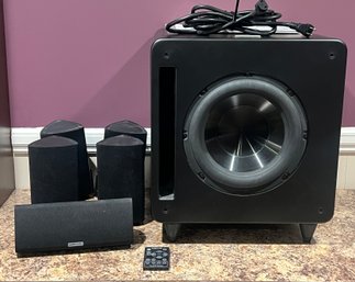 Polk Audio DSW Pro 500 Subwoofer W Remote, Central Channel Speaker RM8 & Satellite Speakers RM8 - 7 Pieces