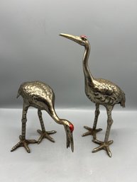 Red Crowned Crane Pewter Toned Figurines - 2 Pieces