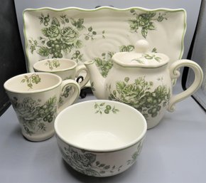 Maxcera 'green & White Toile' Platter, Bowl, Teapot & 2 Mugs - Set Of 5
