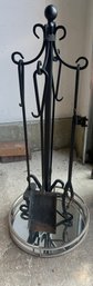 Wrought Iron Fireplace Tools With Mirrored Tray-4 Pieces