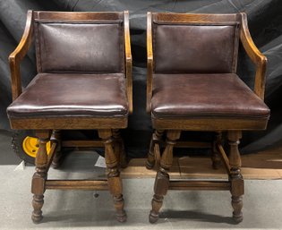 Pair Of Leather And Wood Swivel Bar Stools