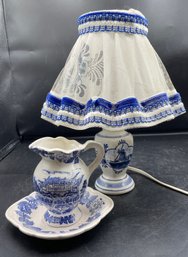 Ceramic Table Lamp & Antique Blue And White Creamer Pitcher With Saucer