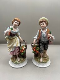 Porcelain Farm Girl & Boy Figurines, 2 Pieces