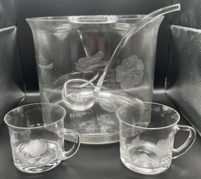 Glass Floral Etched Punch Bowl With Cups & Ladle- 10 Pieces