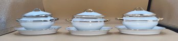 Lidded Condiment Bowls With Trim & Attached Underplate 3 Piece Lot