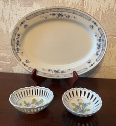 Valencia China Oval Serving Platte #8223 & Pair Of Andrea By Sadek Reticulated Porcelain Trinket Dishes - 3pcs