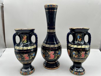 Hand Painted Porcelain Vase 24k Gold Hand Painted Urns Made In Greece , 3 Piece Lot