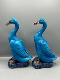 Glazed Porcelain Duck Figurines Made In China - 2 Piece Lot