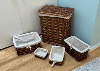 Wicker Baskets And  Hamper, 5 Piece Set