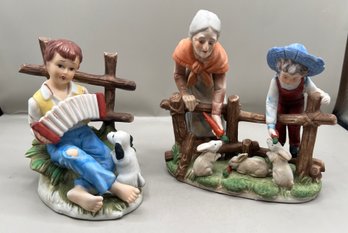 Porcelain Boy With Boy & Lady And Boy Feeding Bunnies Figurines, 2 Pieces