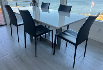 White Laquered Stainless Steel Base Kitchen Table With  Leather Chairs - 6 Pieces