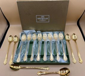 1881 Rogers Enchanted Gold Electroplate By Oneida In Original Box Spoon Set,   14 Piece Lot