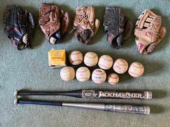 Assorted Baseball Lot Of Gloves, Bats And Baseballs - 17 Pieces