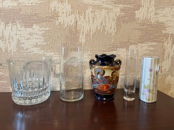 Japanese Satsuma Style Moriage Hand Painted Vase And Assorted Glass Vases - 5 Piece Lot