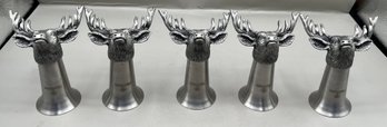 Jagermeister Pewter Deer Buck Stag Head Shot Glasses, 5 Pieces