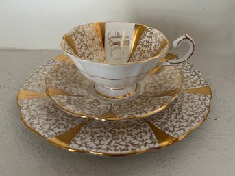 Queen Anne Bone China England Gold Lace Wedding Anniversary Tea Cup, Saucer & Plate - 3 Pieces