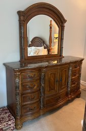 Stone Top Wood Dresser With Vanity Mirror And Stone Inlay