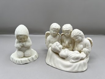 Department 56 Snow Baby Angel Praying & 3 Angels Praying Over Baby Jesus Figurine, 2 Piece Lot