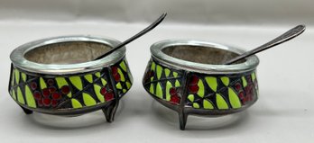 Hommet Silver Plate And Enamel Salt Cellars, Set Of 2