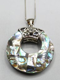 Italy 925 Sterling Silver Natural Abalone Shell Circle Pendant Necklace  - New 16'l ` 0.41 Ozt