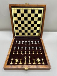 Hand Crafted Chess Set With Gold Tone And Silver Tone Chess Pieces, 33 Pieces