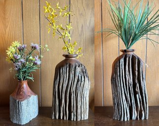 Handmade Carved Wood Vases - 3 Pieces