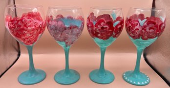 Hand Painted Floral Wine Glasses - 4 Piece Lot