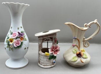 Lefton China Vase, Capodimonte Well, Lamboli Co Pitcher- 3 Piece Lot