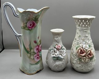 Burton & Burton Porcelain Pitcher, Porcelain Floral Vase, & Porcelain Vase With Lattice Cut, 3 Pieces