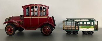 Vintage Grand-Pa Car & Tin Toy Trolley San Francisco Cable Car - 2 Pieces