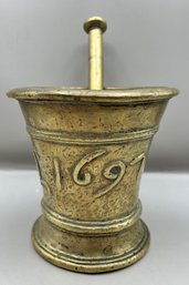 Antique Bronze Mortar And Pestle Dated 1697