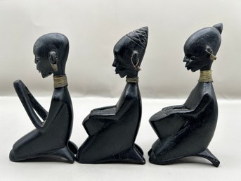 Antique Yoruba Tribe Ebony Carved Wood Kneeling Figurines, 3 Piece Lot