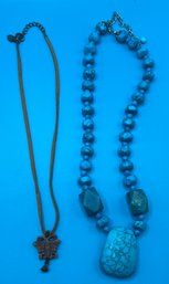 Wooden Butterfly Necklace & Faux Turquoise Necklace - 2 Pieces