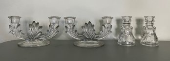 Fostoria Baroque Double Armed Candlestick Holders & Anchor Hocking Victoria Glass Candlestick Holders - 4 Pcs