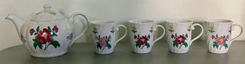 Laura Ashley 1980s Parfum Floral English Bone China Teapot With 4 Tea Cups - 5 Piece Lot