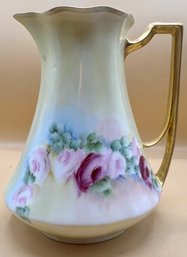 Pale Yellow Porcelain Pitcher With Gold Trim, Pink Roses Unmarked