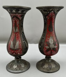 Etched Pewter Hand Painted Vases, 2 Piece Lot