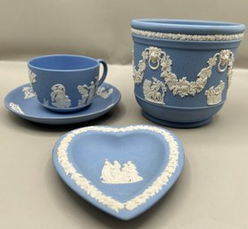 Wedge Wood Blue Jasperware Planter, Teacup And Saucer And Heart Trinket Dish - 3 Piece Lot