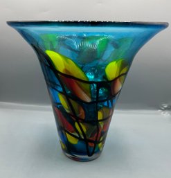 Dale Tiffany Imagination Hand Blown Art Glass Trumpet Blue Floral Vase