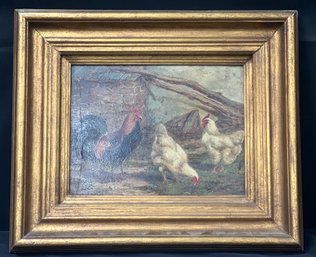Gold Framed Original Oil Painting 2 Hens And A Rooster Signed