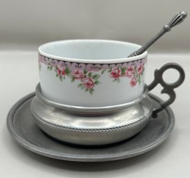 Porcelain Cappucino Cup With Pewter Handle And Saucer