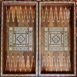 Antique Middle Eastern Marquetry Chess/backgammon Board In Wood Case