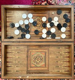 Antique Middle Eastern Marquetry Chess/Backgammon Board In Wood Case