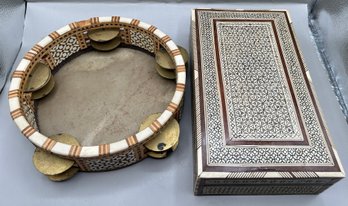 Classic Arabic RIQ, Daff Tambourine And Vintage Middle Eastern Inlaid Jewelry Box