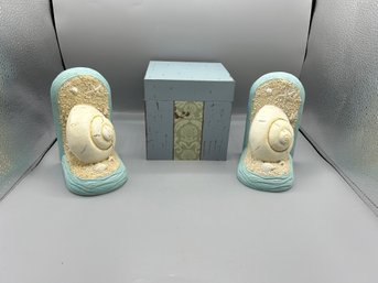 Seashell Bookends (2) And Decorative Box