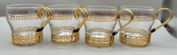 Mid Century Libby Greek Key Continental Glass Cups With Gold Tone Metal Holders, 4 Piece Lot