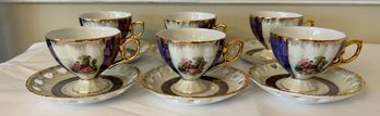 Yau Shing Fine Porcelain Gold Trim Teacups And Saucers, 12 Piece Lot