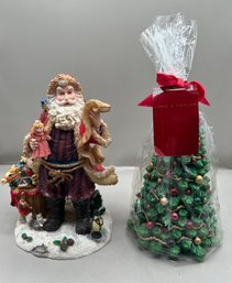 Ceramic Santa Figurine & Wax Christmas Tree Candle - 2 Piece Lot