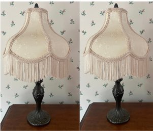 Pair Of Victorian Style Shabby Chic Lamps With Fringe Shade - 2 Piece Lot